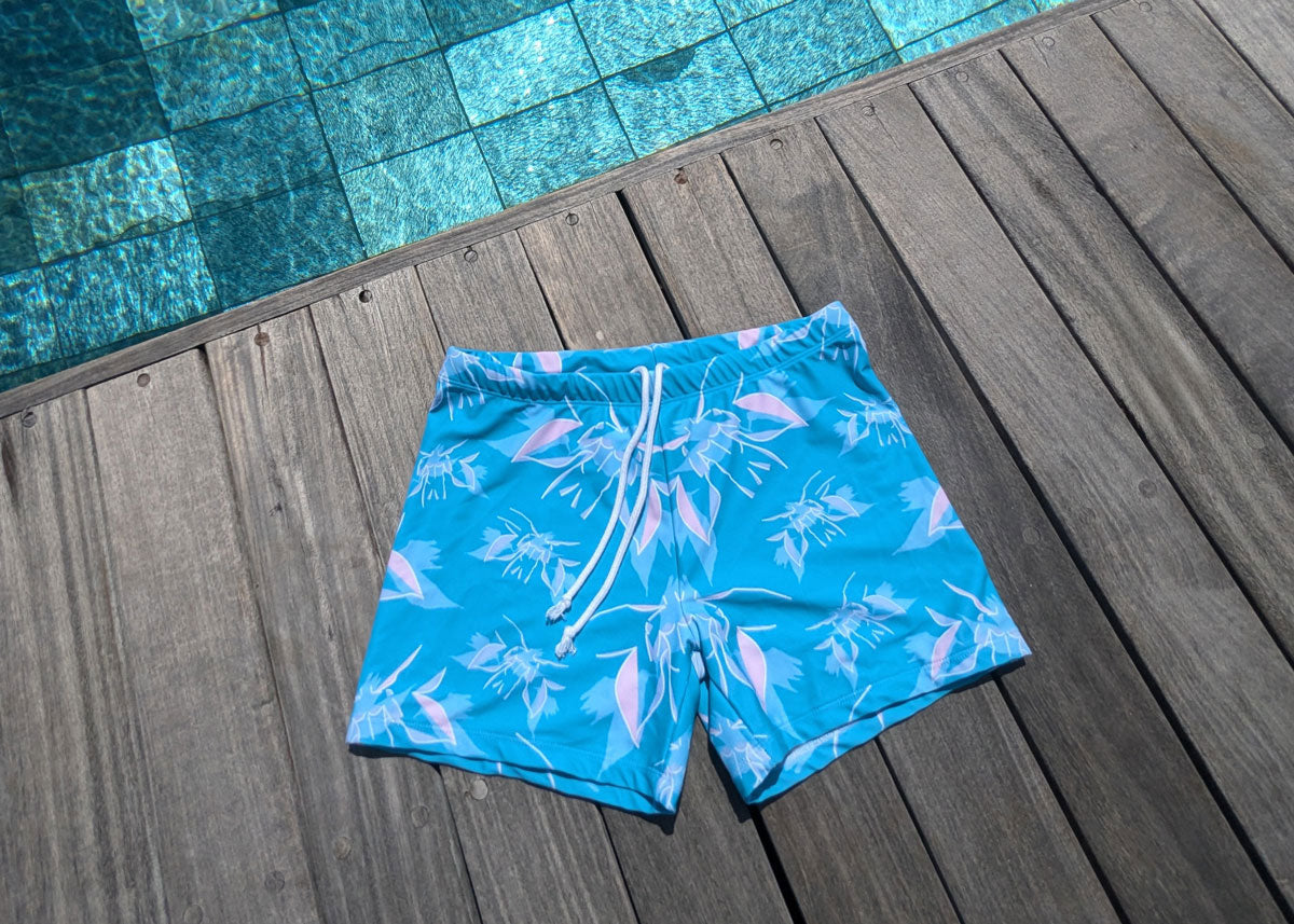 Handmade Teal Angel Print Swim Trunks